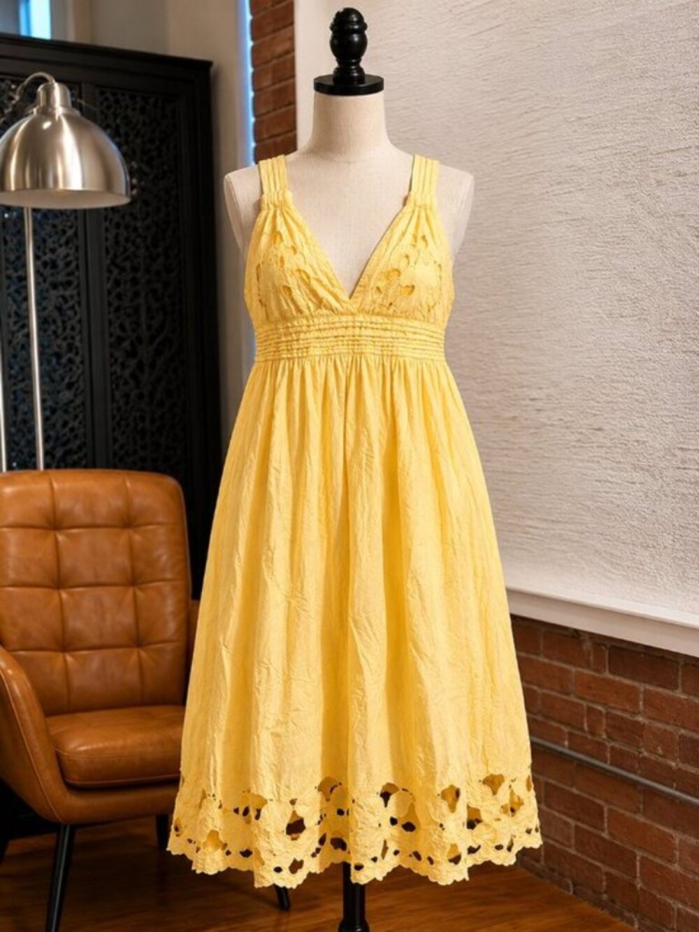 Minuet Yellow Floral Embroidered Eyelet Midi Sundress V-Neck Size L